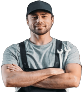Smiling lawn mower technician in uniform holding wrench at repair service