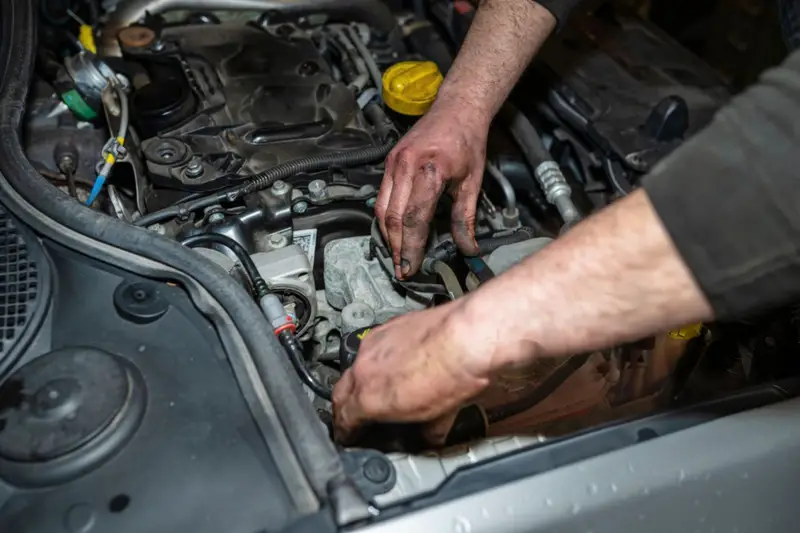 lawn mower technician inspecting a mower engine in a garage workshop